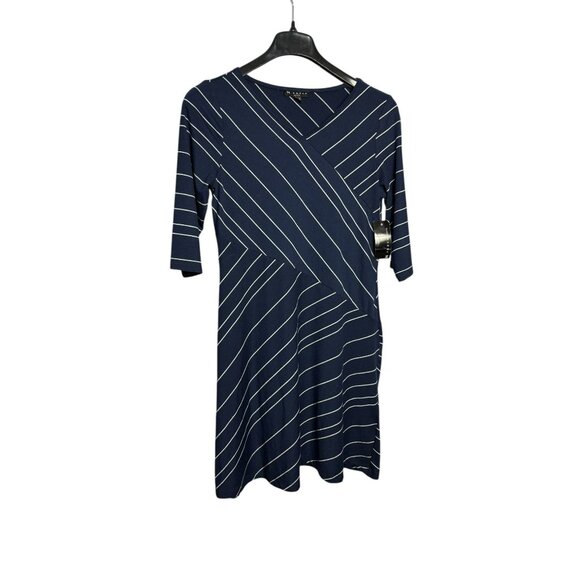 N Touch Petite Womens Fit & Flare Dress PM Navy White Striped Flared Sleeve New - Picture 1 of 9